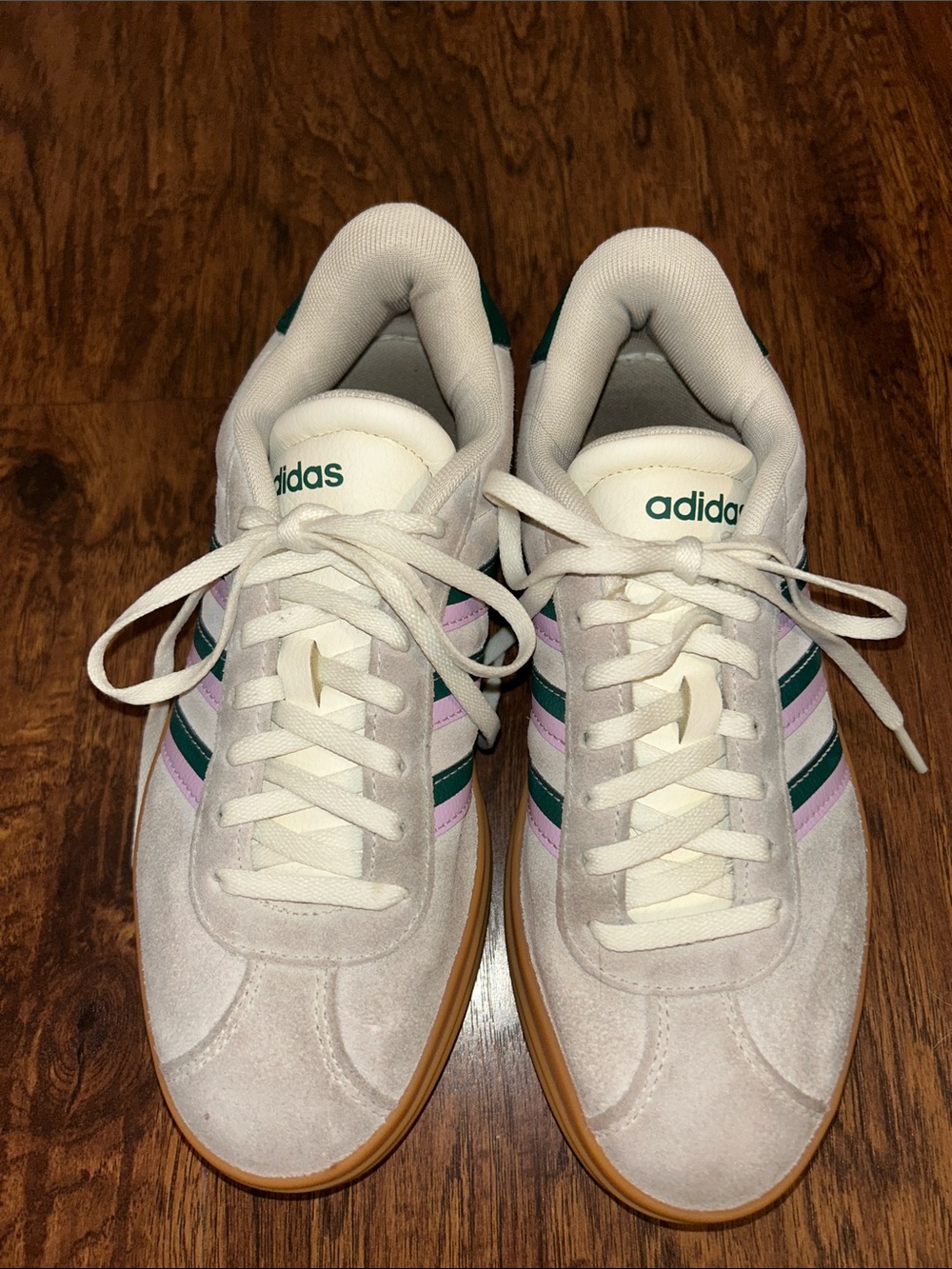 adidas Women's White Sneakers with Green & Pink Stripes